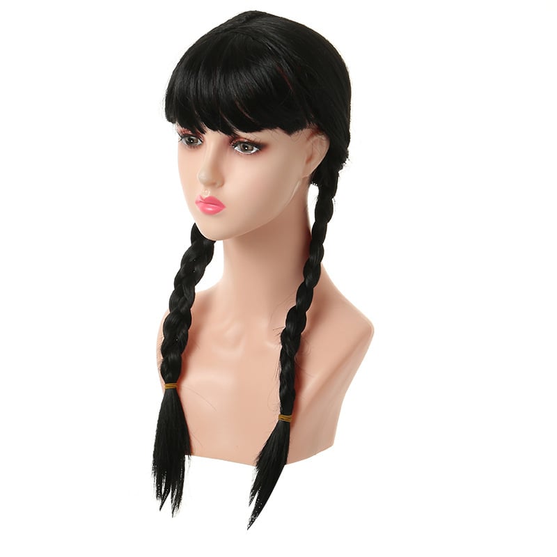 Perika s dvostrukom repom i šiškama za cosplay Wednesday Addams – ručno tkana, model S-01, kosa K Silk / P Silk