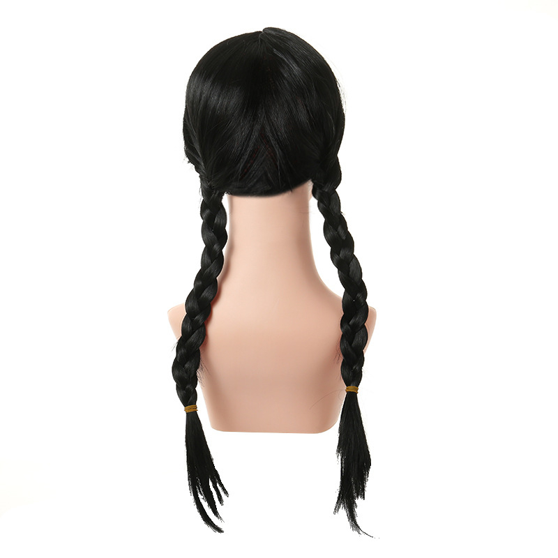 Perika s dvostrukom repom i šiškama za cosplay Wednesday Addams – ručno tkana, model S-01, kosa K Silk / P Silk