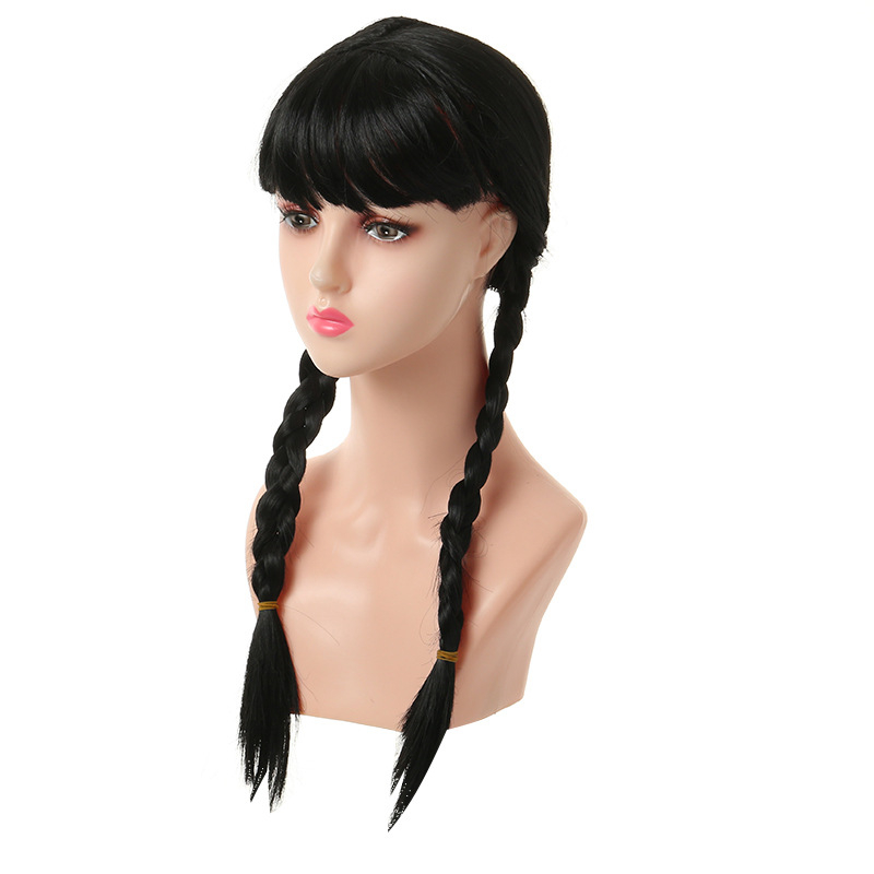 Perika s dvostrukom repom i šiškama za cosplay Wednesday Addams – ručno tkana, model S-01, kosa K Silk / P Silk