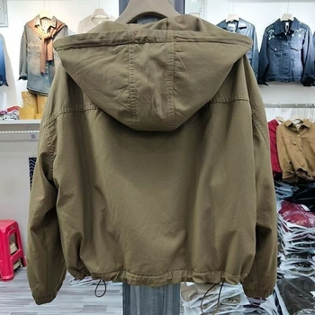 Geacă scurtă cu glugă pentru femei din PVC – maternitate, mărime mică, mâneci 3/4, iarnă 2025