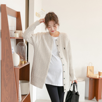 Cardigan de maternitate din bumbac, lungime medie, mâneci lungi, guler rotund, tricotaj răsucit în stil coreean
