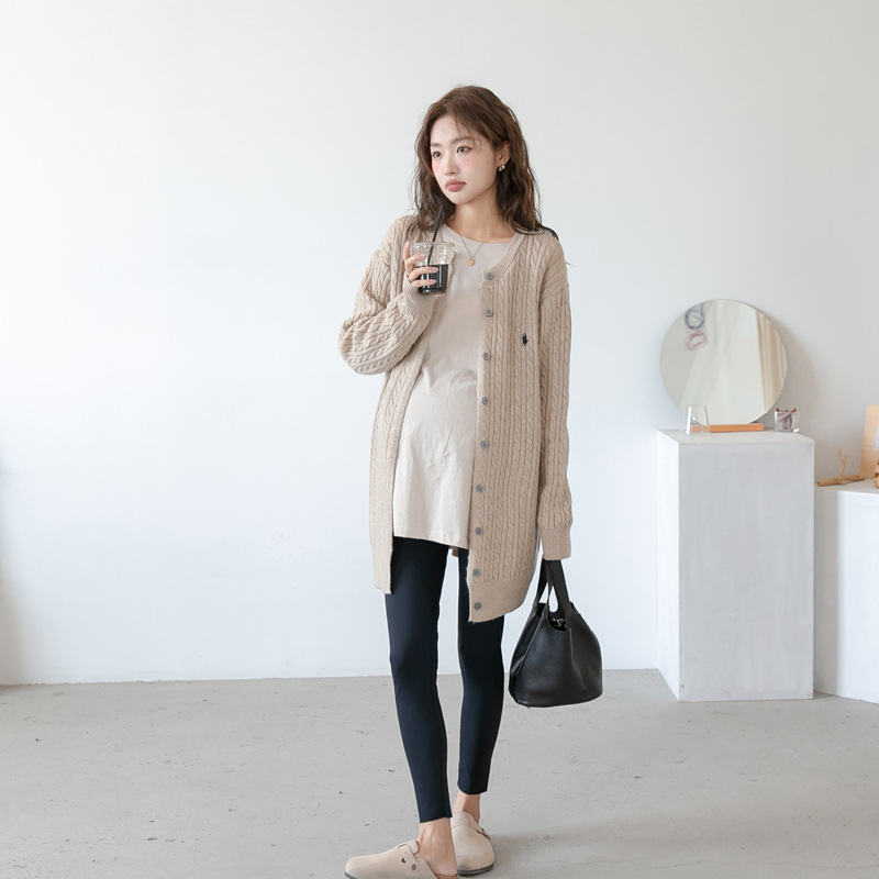 Cardigan de maternitate din bumbac, lungime medie, mâneci lungi, guler rotund, tricotaj răsucit în stil coreean