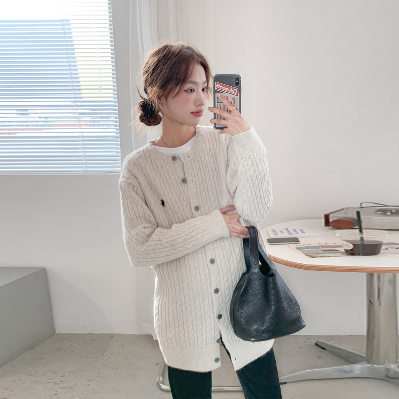 Cardigan de maternitate din bumbac, lungime medie, mâneci lungi, guler rotund, tricotaj răsucit în stil coreean