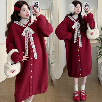 Palton tricotat cu glugă pentru maternitate, pentru iarnă caldă, croială lejeră, inserții de dantelă, stil coreean, culoare solidă, mâneci lungi