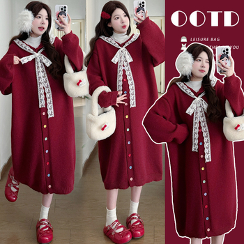 Palton tricotat cu glugă pentru maternitate, pentru iarnă caldă, croială lejeră, inserții de dantelă, stil coreean, culoare solidă, mâneci lungi