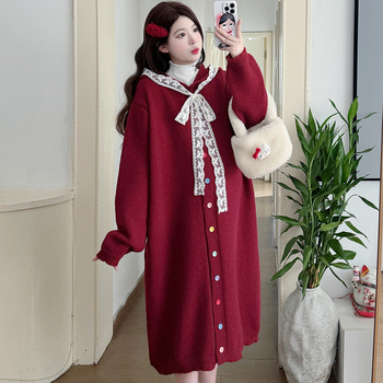 Palton tricotat cu glugă pentru maternitate, pentru iarnă caldă, croială lejeră, inserții de dantelă, stil coreean, culoare solidă, mâneci lungi