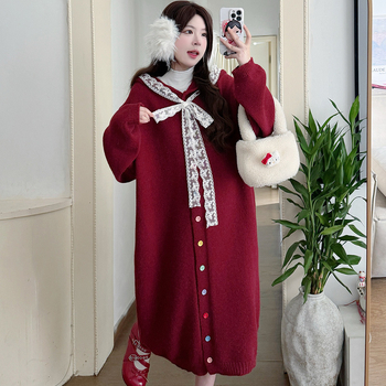 Palton tricotat cu glugă pentru maternitate, pentru iarnă caldă, croială lejeră, inserții de dantelă, stil coreean, culoare solidă, mâneci lungi