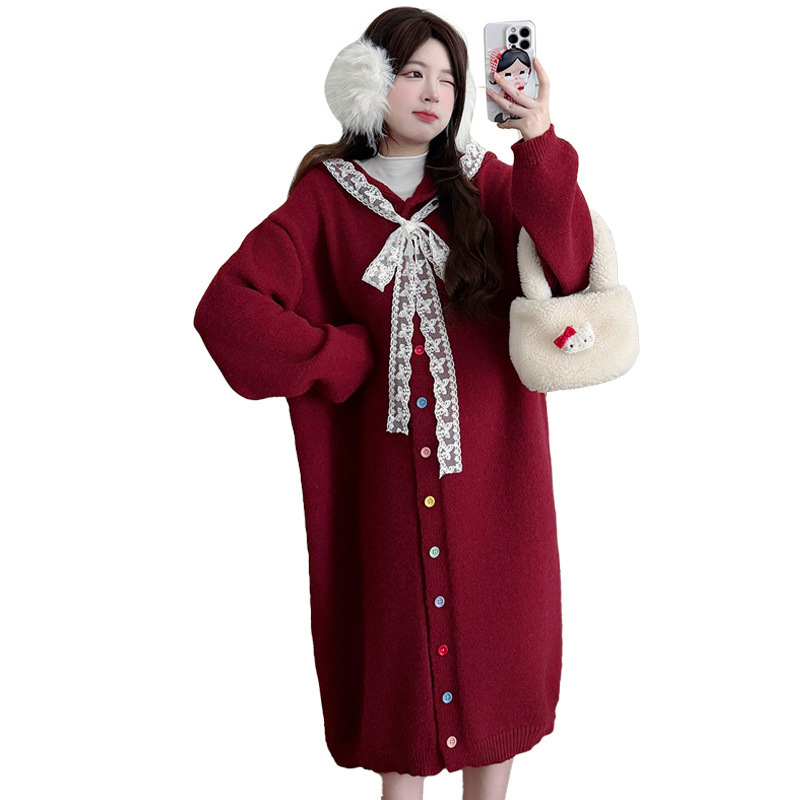 Palton tricotat cu glugă pentru maternitate, pentru iarnă caldă, croială lejeră, inserții de dantelă, stil coreean, culoare solidă, mâneci lungi