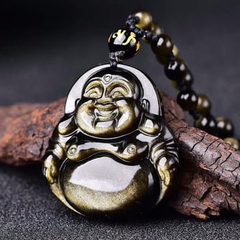 Unisex náhrdelník s Maitreya Buddha z obsidiánu, s pleteným reťazom