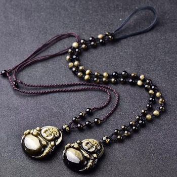 Unisex náhrdelník s Maitreya Buddha z obsidiánu, s pleteným reťazom
