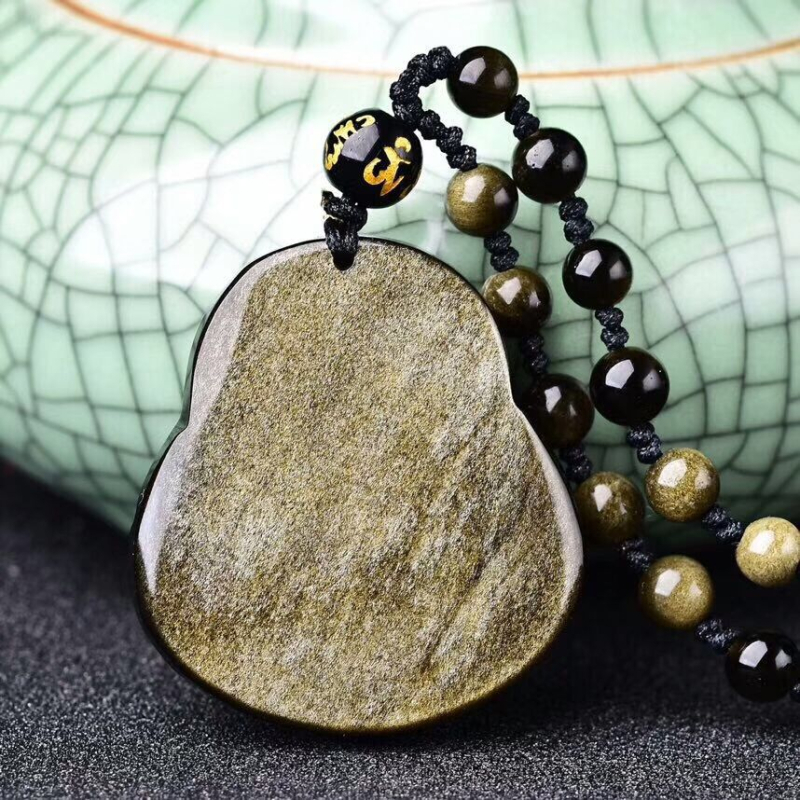 Unisex náhrdelník s Maitreya Buddha z obsidiánu, s pleteným reťazom