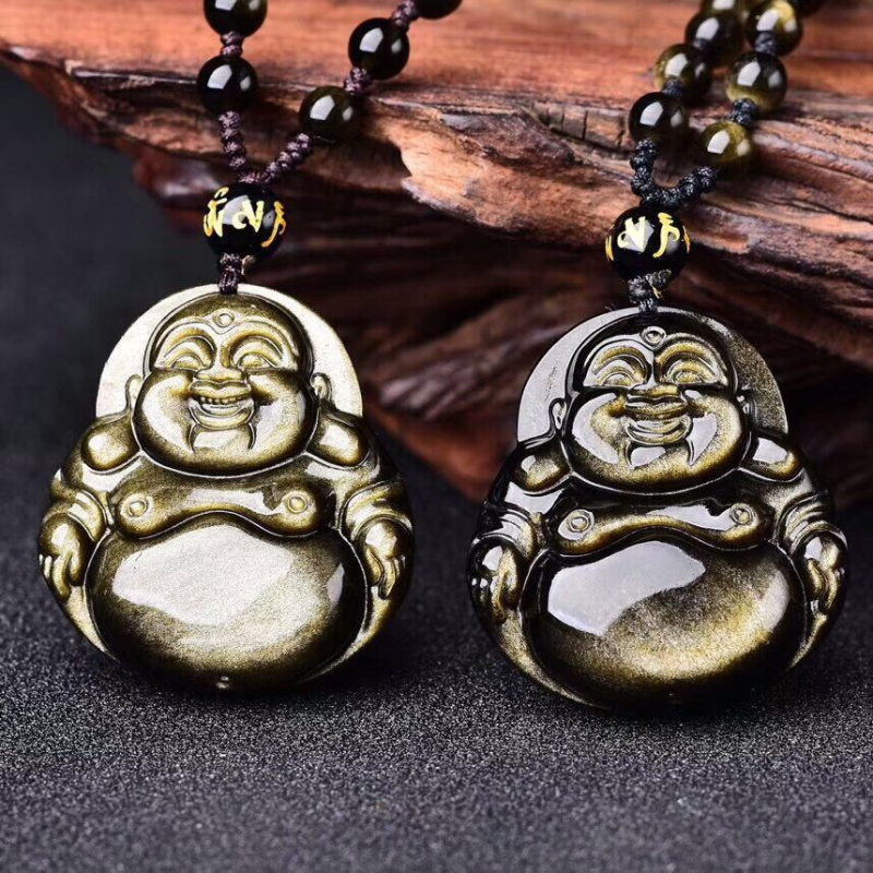 Unisex náhrdelník s Maitreya Buddha z obsidiánu, s pleteným reťazom