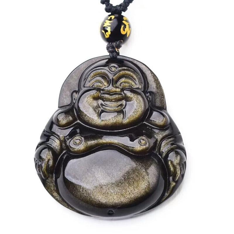 Unisex náhrdelník s Maitreya Buddha z obsidiánu, s pleteným reťazom