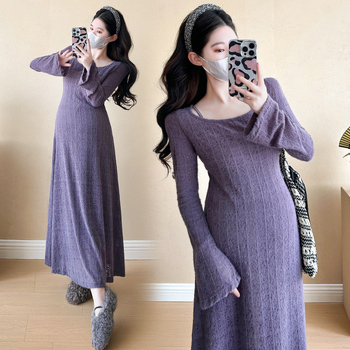 Komplet trudničkih haljina od dva dijela, dugi rukavi, polo ovratnik, pleteni materijal, A‑linijski kroj, midi duljina, korejski stil