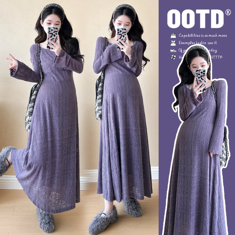 Komplet trudničkih haljina od dva dijela, dugi rukavi, polo ovratnik, pleteni materijal, A‑linijski kroj, midi duljina, korejski stil