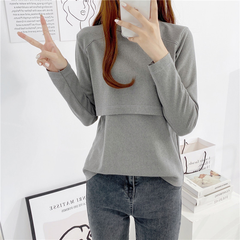 Top de alăptare Yunjia – guler semi-înalt, mâneci lungi, croială slim, amestec alpaca cu spandex 30–50%, lungime medie 65–80 cm, deschidere pentru alăptare