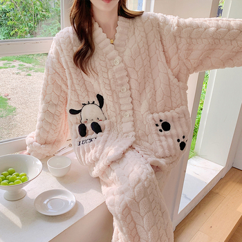 Σετ πυτζάμα εγκύου με fleece για τον χειμώνα, φλοράλ κέντημα, cardigan με V-λαιμό