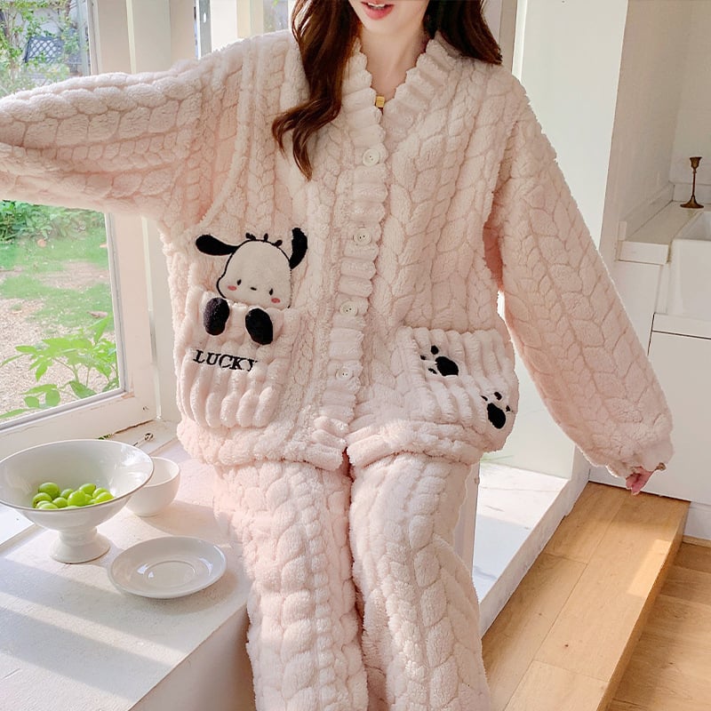 Σετ πυτζάμα εγκύου με fleece για τον χειμώνα, φλοράλ κέντημα, cardigan με V-λαιμό