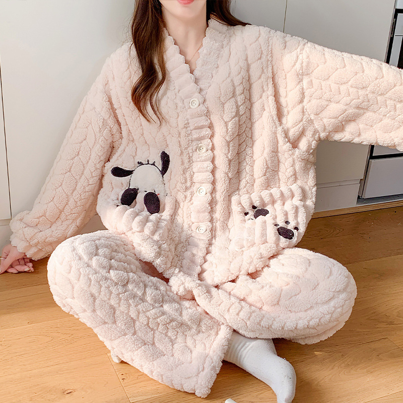 Σετ πυτζάμα εγκύου με fleece για τον χειμώνα, φλοράλ κέντημα, cardigan με V-λαιμό