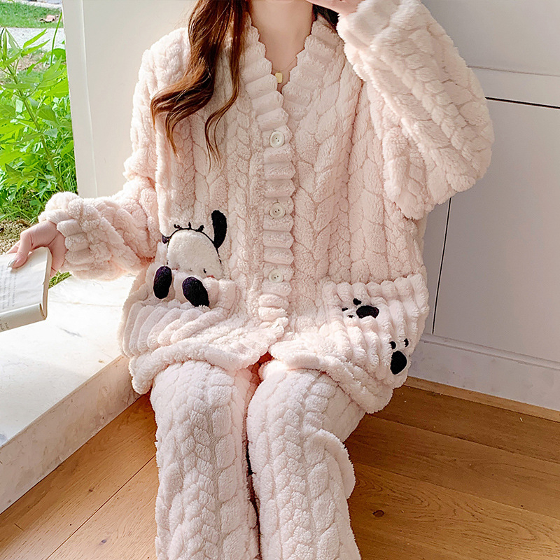 Σετ πυτζάμα εγκύου με fleece για τον χειμώνα, φλοράλ κέντημα, cardigan με V-λαιμό