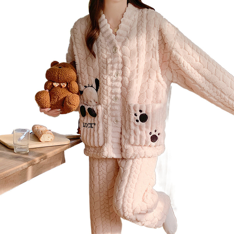 Σετ πυτζάμα εγκύου με fleece για τον χειμώνα, φλοράλ κέντημα, cardigan με V-λαιμό