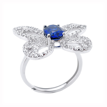 Сапфирен пръстен, принцески стил, позлатен обков със синтетични камъни, камъни монтирани