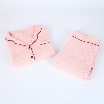 Дамски пижамe комплект в корейски стил, 100% памук, с дълги ръкави и жилетка с V-образно деколте — тъкано, средно тегло, за многосезонно носене