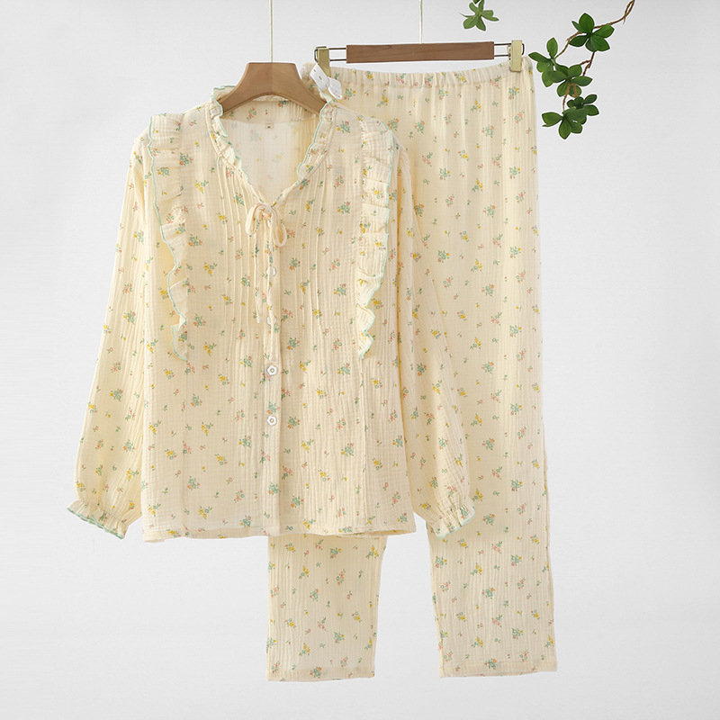 Majčinski pamučni pižama set s floralnim uzorkom – top u kardigan stilu, dugi rukavi, bez ovratnika, hlače