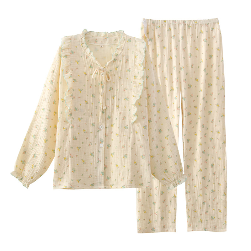 Majčinski pamučni pižama set s floralnim uzorkom – top u kardigan stilu, dugi rukavi, bez ovratnika, hlače