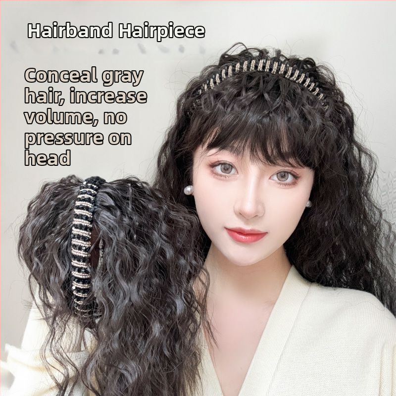 Păr pentru femei cu bandă din strasuri, fringă integrată și bucle spiralate, fir termorezistent, fără vopsire sau perma, acoperă firele albe și oferă volum