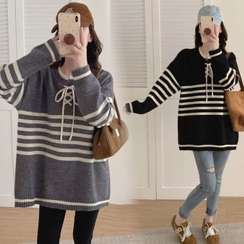 Pulover tricotat pentru gravide, cu glugă, model cu dungi color-block, croială lejeră, acrilic cu poliester 30–50%, iarnă 2025.