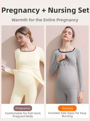 Set de lenjerie termică maternitate cu fleece pentru iarnă — croială slim, cu glugă, mâneci lungi, decolteu în V, top și pantaloni, amestec poliester-spandex