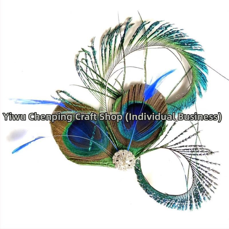 Clip de păr cu pene de paun, lucrat manual, material natural, țesut, stil modern minimalist