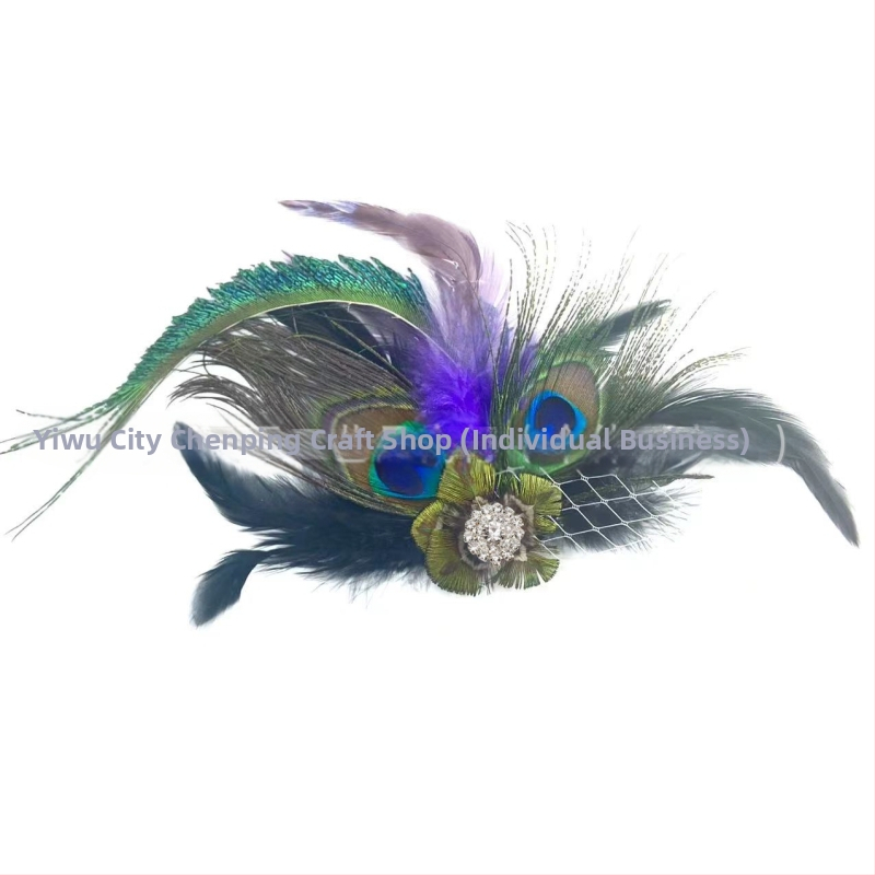 Clip de păr cu pene de paun, lucrat manual, material natural, țesut, stil modern minimalist