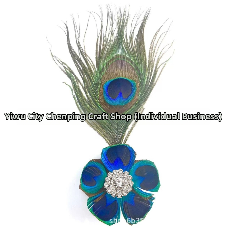 Clip de păr cu pene de paun, lucrat manual, material natural, țesut, stil modern minimalist