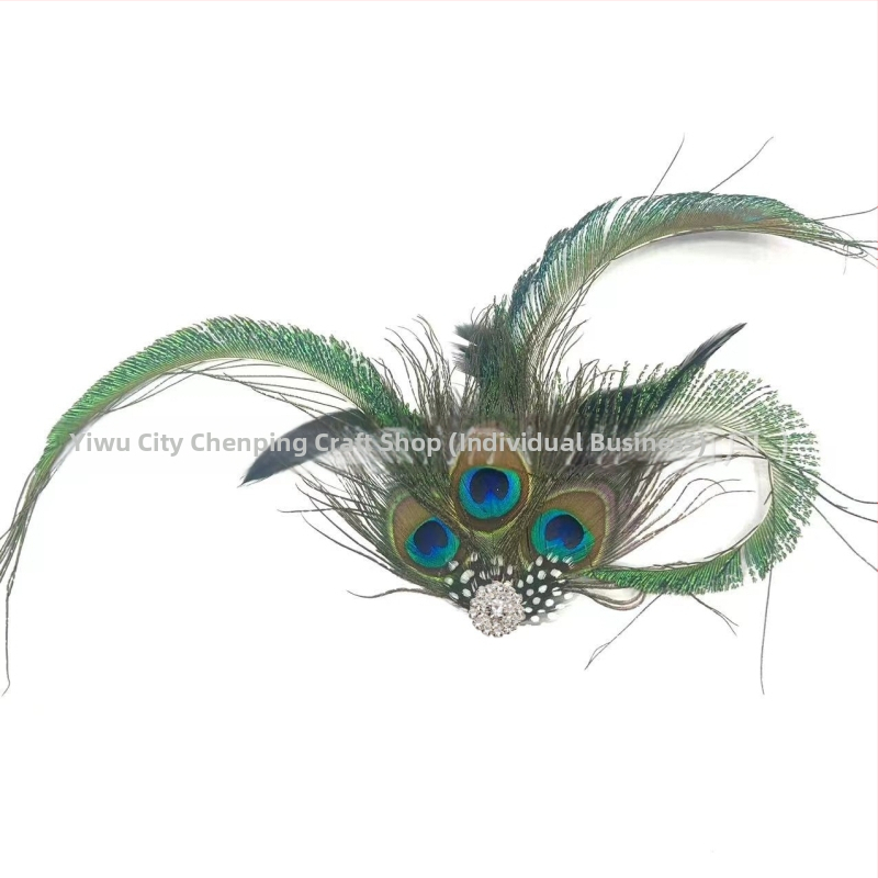 Clip de păr cu pene de paun, lucrat manual, material natural, țesut, stil modern minimalist