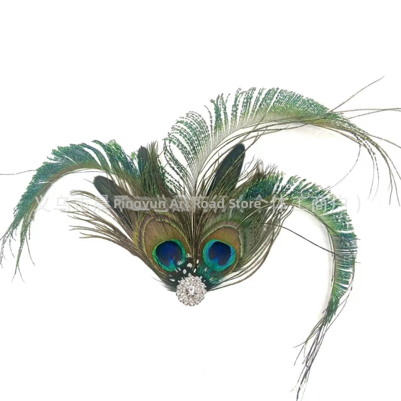 Clip de păr cu pene de paun, lucrat manual, material natural, țesut, stil modern minimalist