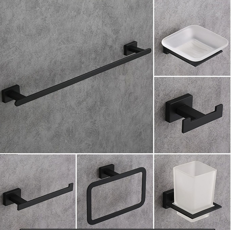 Комплект за държачи за кърпи в баня, неръждаема стомана, 6 части, спрей покритие, монтаж чрез пробиване, носимост 30 кг, модерен минималистичен стил