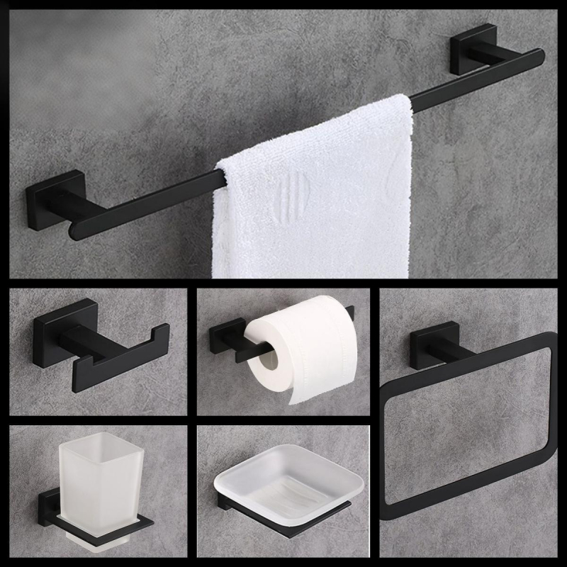 Комплект за държачи за кърпи в баня, неръждаема стомана, 6 части, спрей покритие, монтаж чрез пробиване, носимост 30 кг, модерен минималистичен стил
