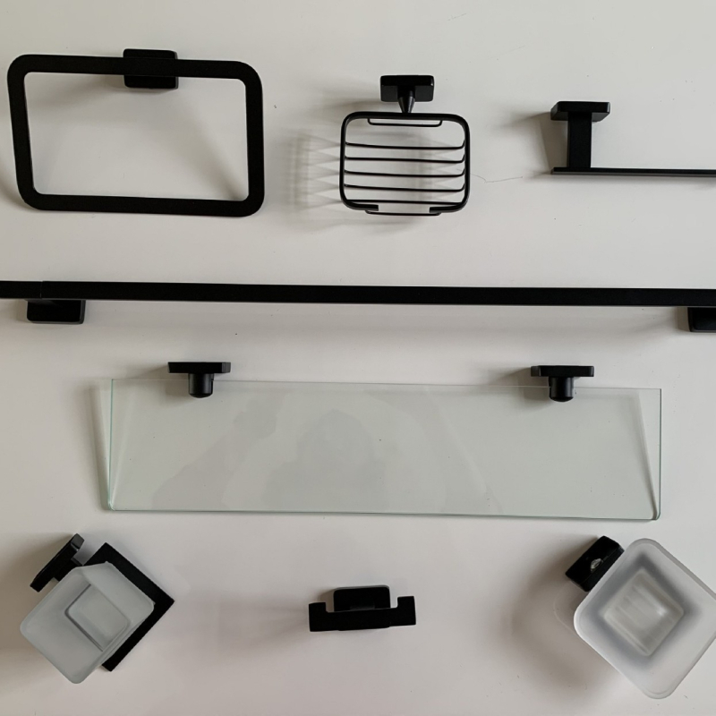 Комплект за държачи за кърпи в баня, неръждаема стомана, 6 части, спрей покритие, монтаж чрез пробиване, носимост 30 кг, модерен минималистичен стил