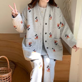 Pijamale maternitate pentru alăptat, set trei piese, toamnă-iarnă, mâneci lungi, guler polo, TR țesătură