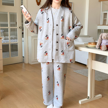 Pijamale maternitate pentru alăptat, set trei piese, toamnă-iarnă, mâneci lungi, guler polo, TR țesătură