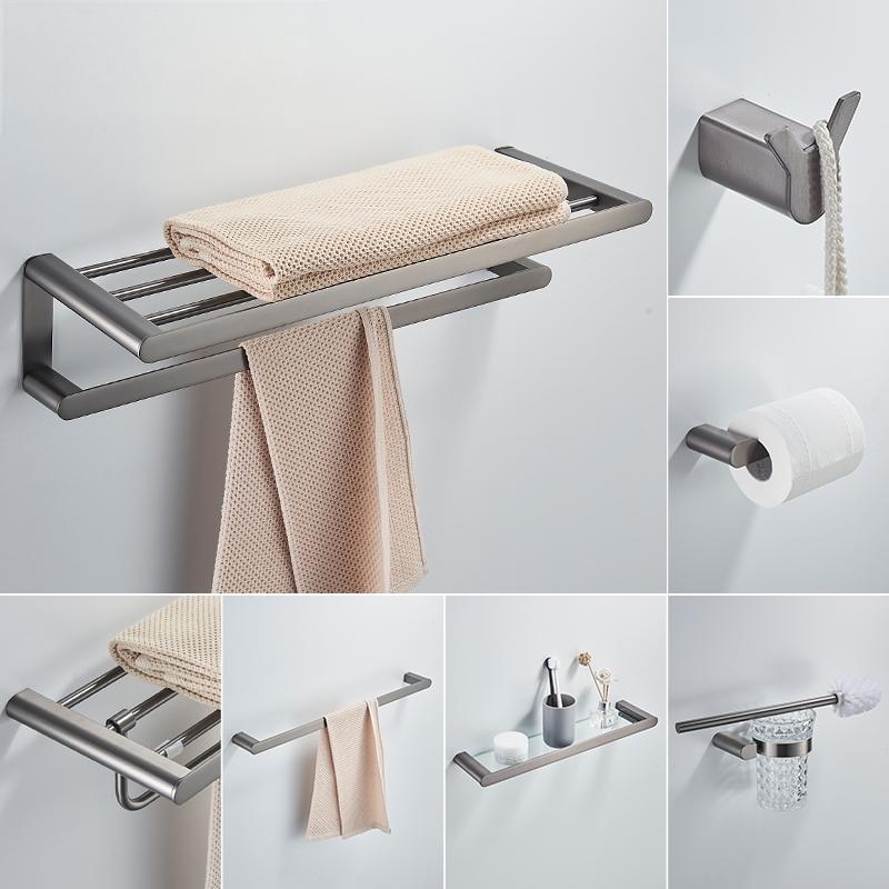 Set kupaonskih dodataka od nehrđajućeg čelika, pet dijelova, moderni minimalistički stil: držač za ručnike, stalak za ručnike, kukice, držač za papir, model QY-45