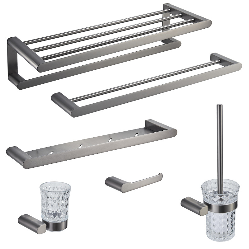 Set kupaonskih dodataka od nehrđajućeg čelika, pet dijelova, moderni minimalistički stil: držač za ručnike, stalak za ručnike, kukice, držač za papir, model QY-45