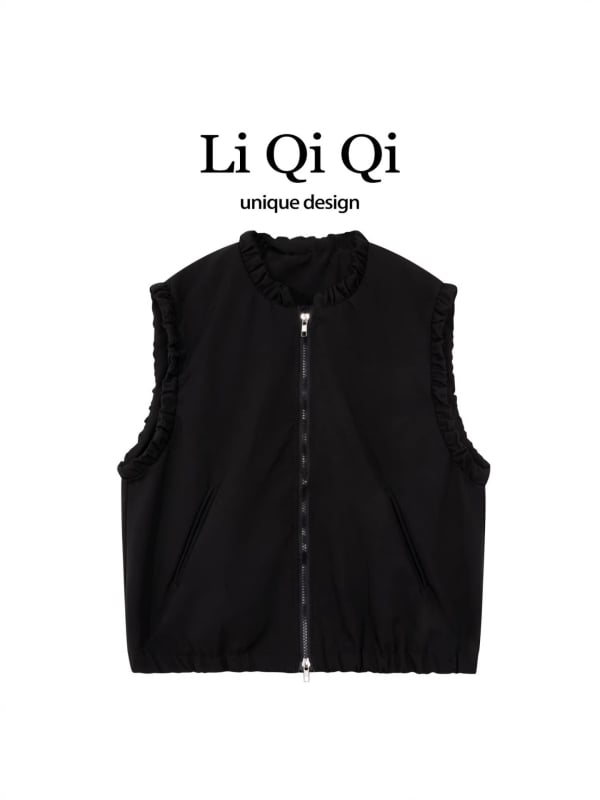 Bez rukava vest u japansko-korejskom casual stilu, poliester, zatvarač, okrugli izrez