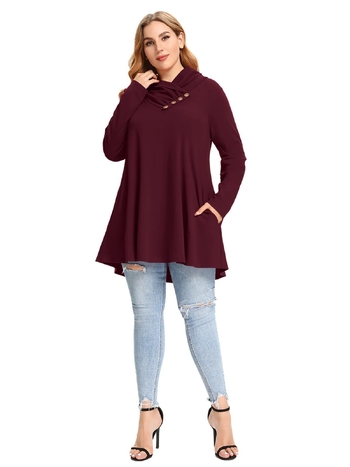 Plus size felső fodros, hosszú ujjú, deréköves, lezser és kényelmes, gombos pulóverrel