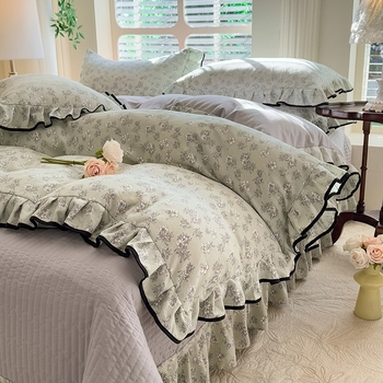 Комплект калъфки за завивка от тъкан памук, клас A, двойнослойна прежда, корейски стил дантела, четири части (Reactive печат, тегло 2500–3000 г, подходящ за всички сезони)