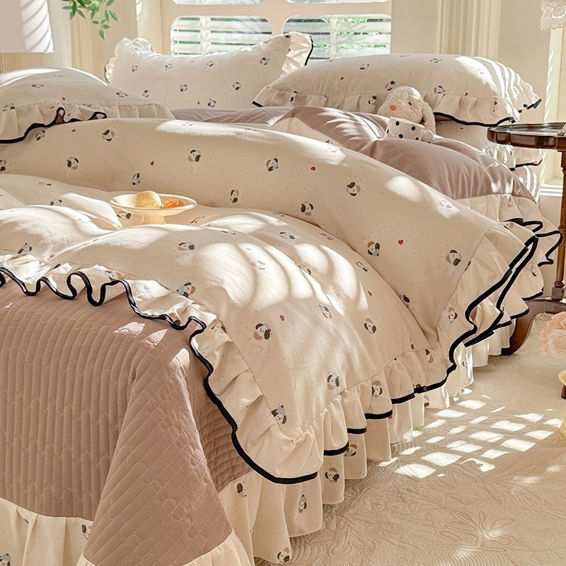 Комплект калъфки за завивка от тъкан памук, клас A, двойнослойна прежда, корейски стил дантела, четири части (Reactive печат, тегло 2500–3000 г, подходящ за всички сезони)