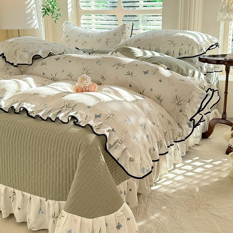 Комплект калъфки за завивка от тъкан памук, клас A, двойнослойна прежда, корейски стил дантела, четири части (Reactive печат, тегло 2500–3000 г, подходящ за всички сезони)