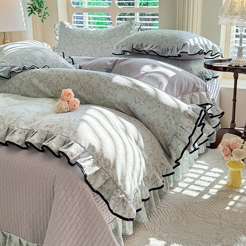 Комплект калъфки за завивка от тъкан памук, клас A, двойнослойна прежда, корейски стил дантела, четири части (Reactive печат, тегло 2500–3000 г, подходящ за всички сезони)